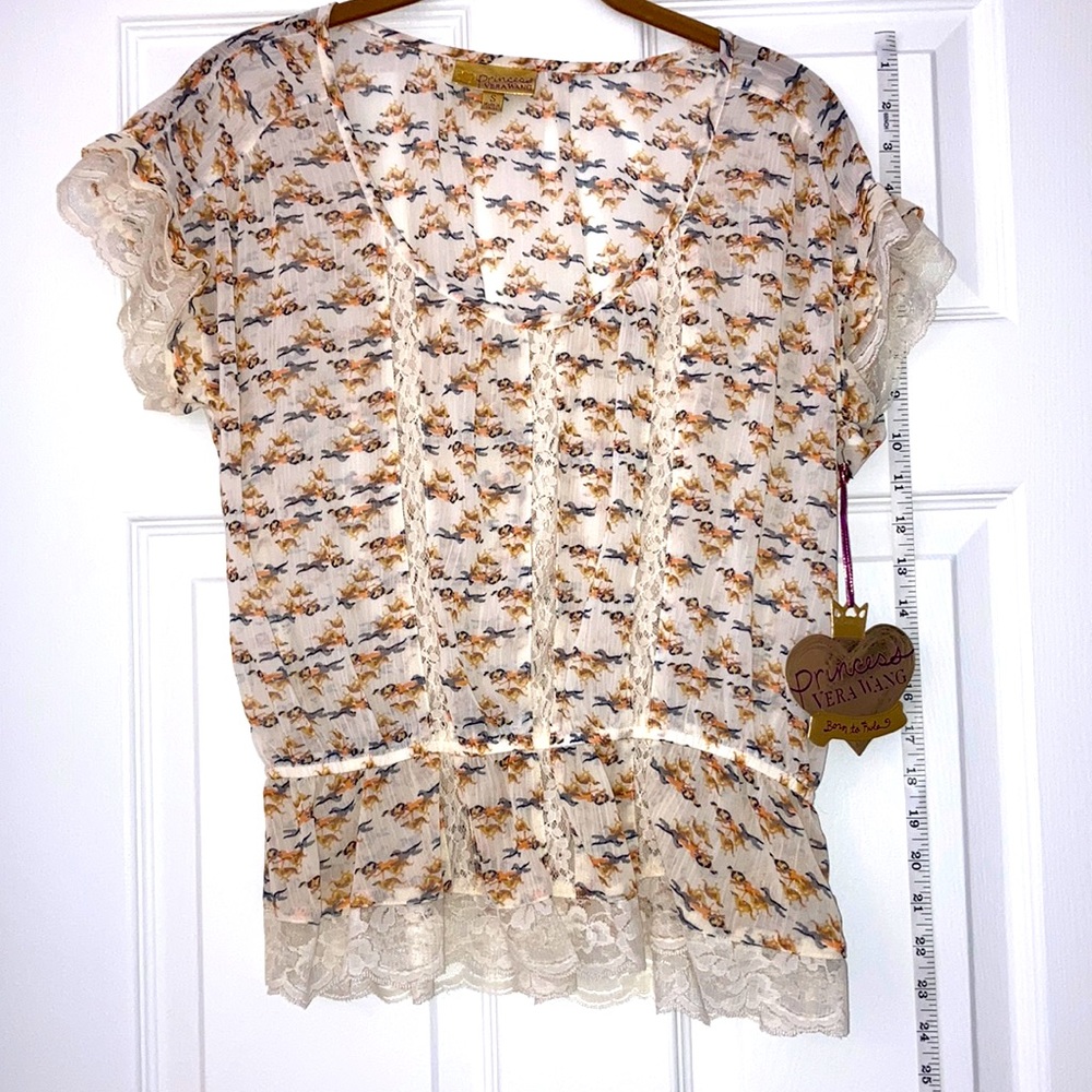 Sheer Short Sleeve Blouse with Dogs and Lace